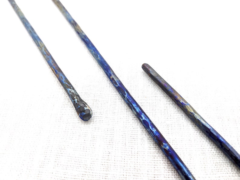 Titanium Hair Stick, Hair bun holder, Forged Hair Pin Accessory, Hammered titanium hair fork, Blue hair sticks image 3