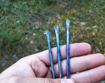 Titanium Hair Stick, Hair bun holder, Forged Hair Pin Accessory, Hammered titanium hair fork, Blue hair sticks