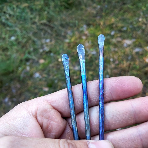 Titanium Hair Stick, Hair bun holder, Forged Hair Pin Accessory, Hammered titanium hair fork, Blue hair sticks