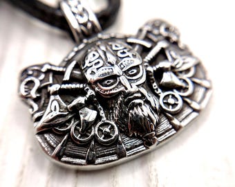 Viking Warrior Pendant with Crossed Axes and Helmeted Head - Viking Jewelry, Warrior Axe Pendant, Norse-Inspired Necklace