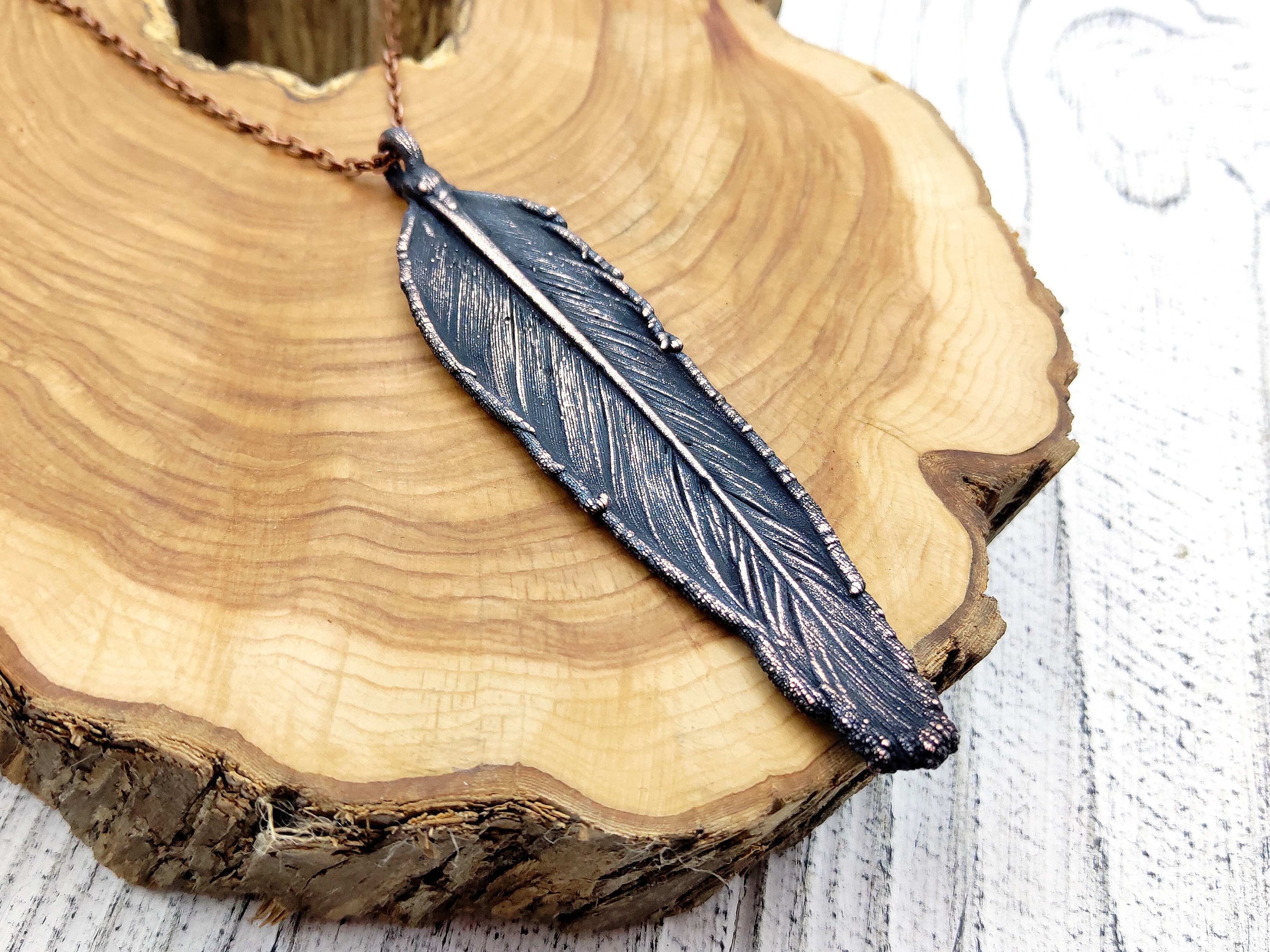 Real feather necklace Bird necklace Metal feather Genuine Etsy