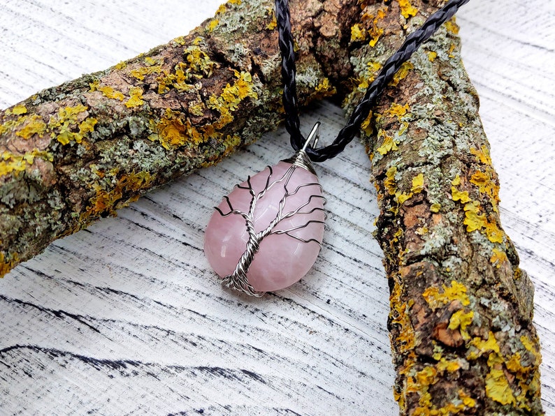 Tree of life Rose quartz necklace, Wire wrapped stone necklace, Healing rose quartz jewelry, Rose quartz pendant image 2