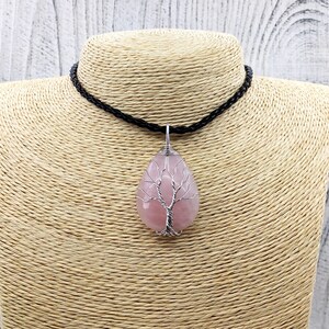 Tree of life Rose quartz necklace, Wire wrapped stone necklace, Healing rose quartz jewelry, Rose quartz pendant image 5