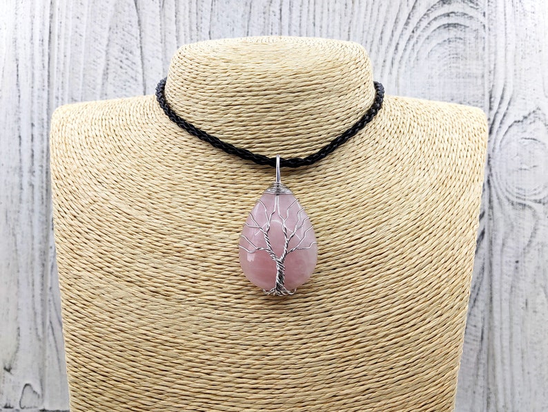 Tree of life Rose quartz necklace, Wire wrapped stone necklace, Healing rose quartz jewelry, Rose quartz pendant image 5