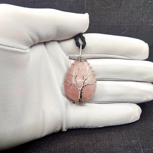 Tree of life Rose quartz necklace, Wire wrapped stone necklace, Healing rose quartz jewelry, Rose quartz pendant image 7
