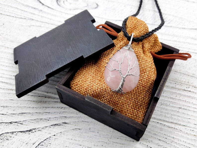 Tree of life Rose quartz necklace, Wire wrapped stone necklace, Healing rose quartz jewelry, Rose quartz pendant image 3