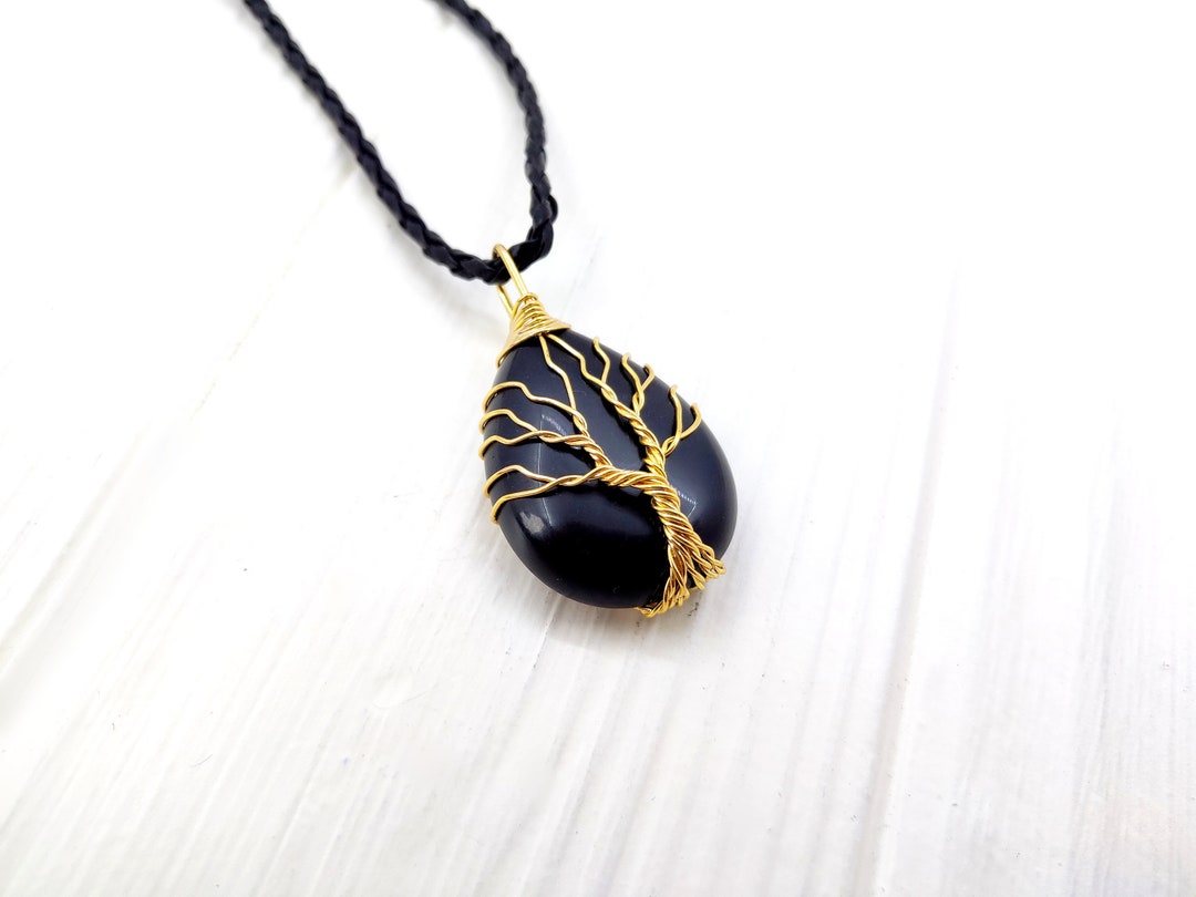 Ciondolo In Ossidiana Albero Della Vita, Collana In Pietra Avvolta In Filo, Gioielli Magici In Ossidiana, Ciondolo In Ossidiana, Collana Chakra Di Base - Italia - Foto 4