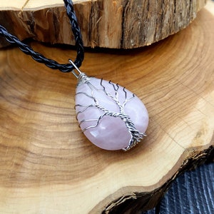 Tree of life Rose quartz necklace, Wire wrapped stone necklace, Healing rose quartz jewelry, Rose quartz pendant image 8