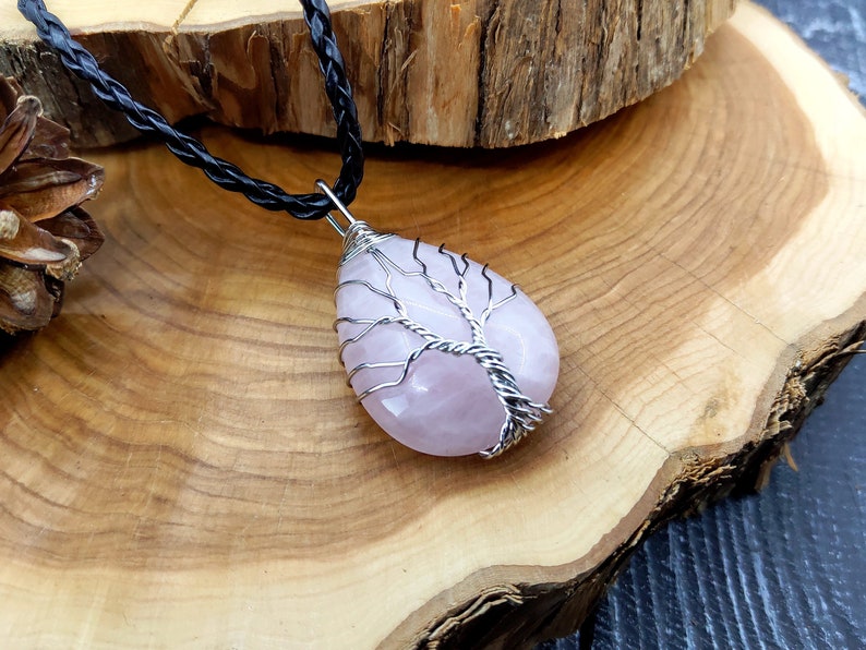 Tree of life Rose quartz necklace, Wire wrapped stone necklace, Healing rose quartz jewelry, Rose quartz pendant image 8