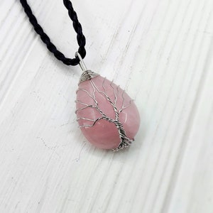 Tree of life Rose quartz necklace, Wire wrapped stone necklace, Healing rose quartz jewelry, Rose quartz pendant image 4