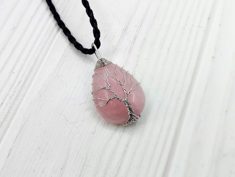 Tree of life Rose quartz necklace, Wire wrapped stone necklace, Healing rose quartz jewelry, Rose quartz pendant image 4