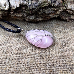 Tree of life Rose quartz necklace, Wire wrapped stone necklace, Healing rose quartz jewelry, Rose quartz pendant image 6