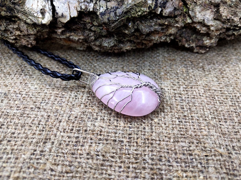 Tree of life Rose quartz necklace, Wire wrapped stone necklace, Healing rose quartz jewelry, Rose quartz pendant image 6