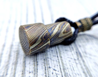 Mokume gane cylinder pendant: Woodgrain metal Mokumegane jewelry, Real mokume gane pendant, Сylinder pendant, Mixed metal necklace