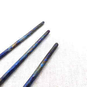 Titanium Hair Stick, Hair bun holder, Forged Hair Pin Accessory, Hammered titanium hair fork, Blue hair sticks image 7