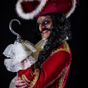 May include: A Captain Hook costume featuring a red velvet jacket with gold trim, a white lace collar, and a silver hook. The costume includes a red hat with pink feathers and a character mask with a mustache.