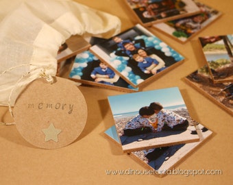 Memory con fichas madera | Caja o bolsa personalizada | Recuerdo familiar original | Fotografías barnizadas | Cantidad de fichas a elegir |
