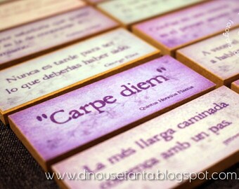 Imán madera 'Carpe Diem' | 6 colores | Frases personalizadas | Pinzas de madera | Papel fotográfico barnizado |