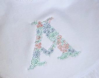 Monogrammed baby ruffle bib, Personalized Girl letter Bib