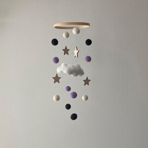 Handmade baby mobile with felt clouds and wooden stars, purple and black | lovely nursery decor & unique gift idea for a newborn