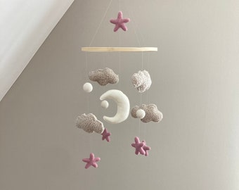 Mobile Wolken und Mond aus Teddystoff Babymobile Beistellbett Mobile Baby Kinderzimmer Mobile Deko Geschenk Geburt Geschenk Schwangere