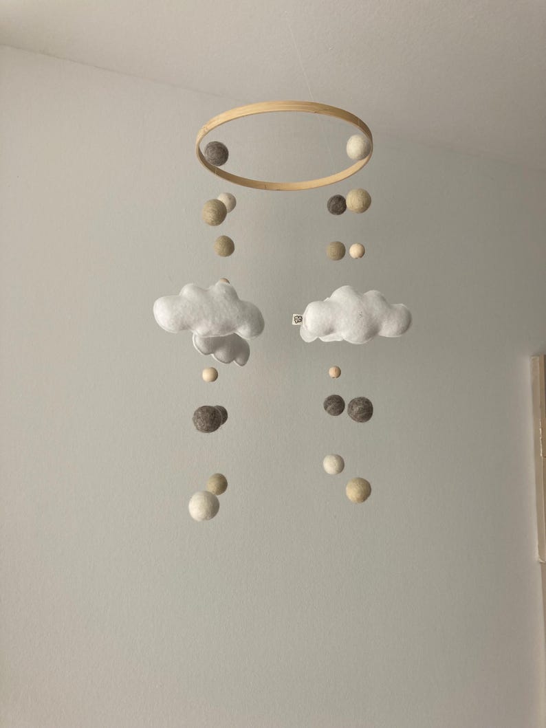 Handmade baby mobile with felt clouds in natural tones | lovely nursery decor & unique gift idea for a newborn image 4