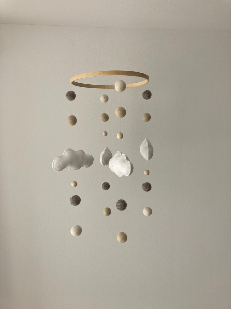 Handmade baby mobile with felt clouds in natural tones | lovely nursery decor & unique gift idea for a newborn image 3