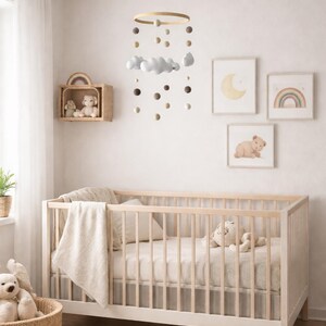 Handmade baby mobile with felt clouds in natural tones | lovely nursery decor & unique gift idea for a newborn image 2