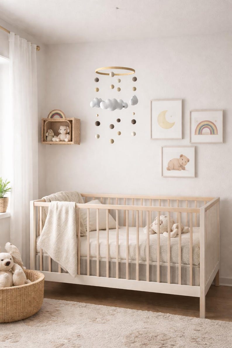 Handmade baby mobile with felt clouds in natural tones | lovely nursery decor & unique gift idea for a newborn image 2