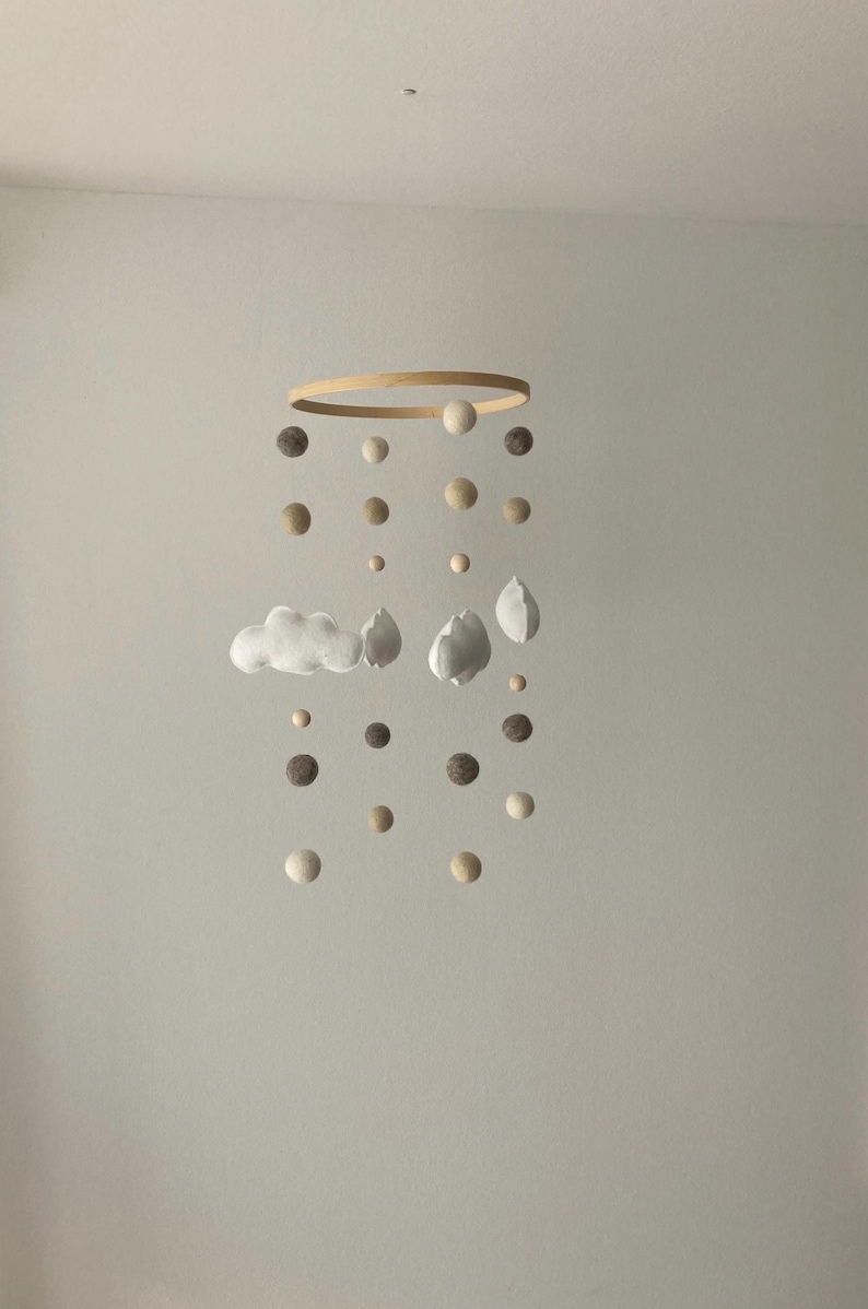 Handmade baby mobile with felt clouds in natural tones | lovely nursery decor & unique gift idea for a newborn image 9
