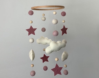 Mobile Baby handgemacht mit Filzwolken und Sterne, Rosa-Creme | liebevolle Kinderzimmer Deko & einzigartige Geschenkidee zur Geburt