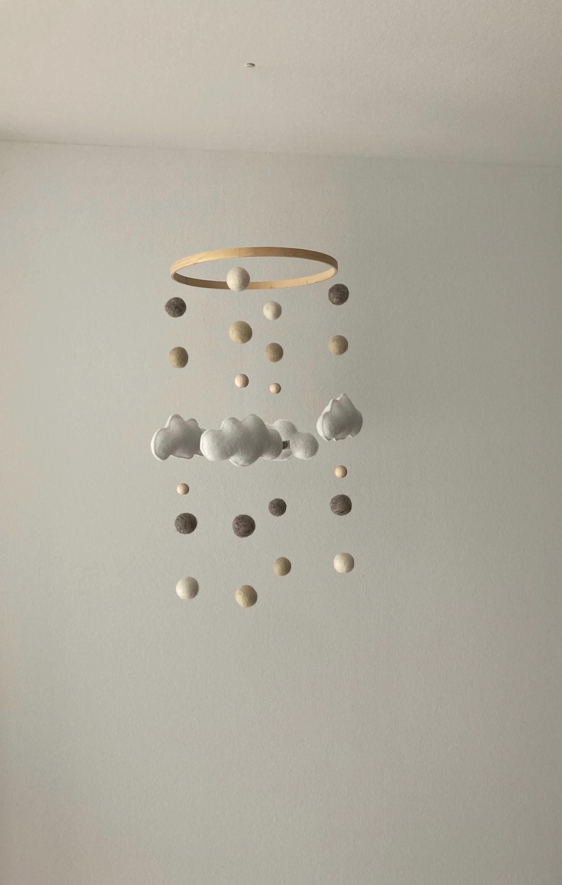 Handmade baby mobile with felt clouds in natural tones | lovely nursery decor & unique gift idea for a newborn image 5