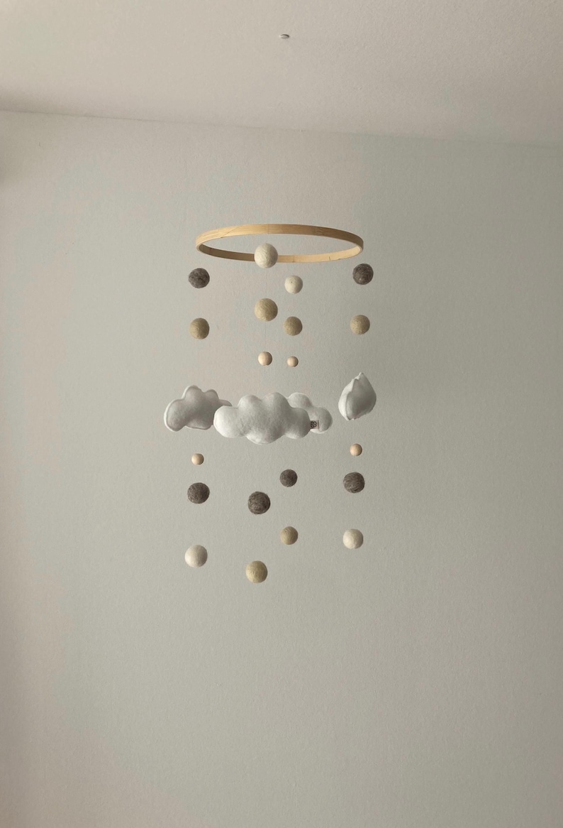 Handmade baby mobile with felt clouds in natural tones | lovely nursery decor & unique gift idea for a newborn image 11