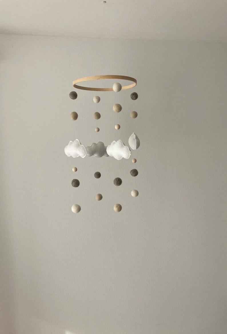 Handmade baby mobile with felt clouds in natural tones | lovely nursery decor & unique gift idea for a newborn image 6