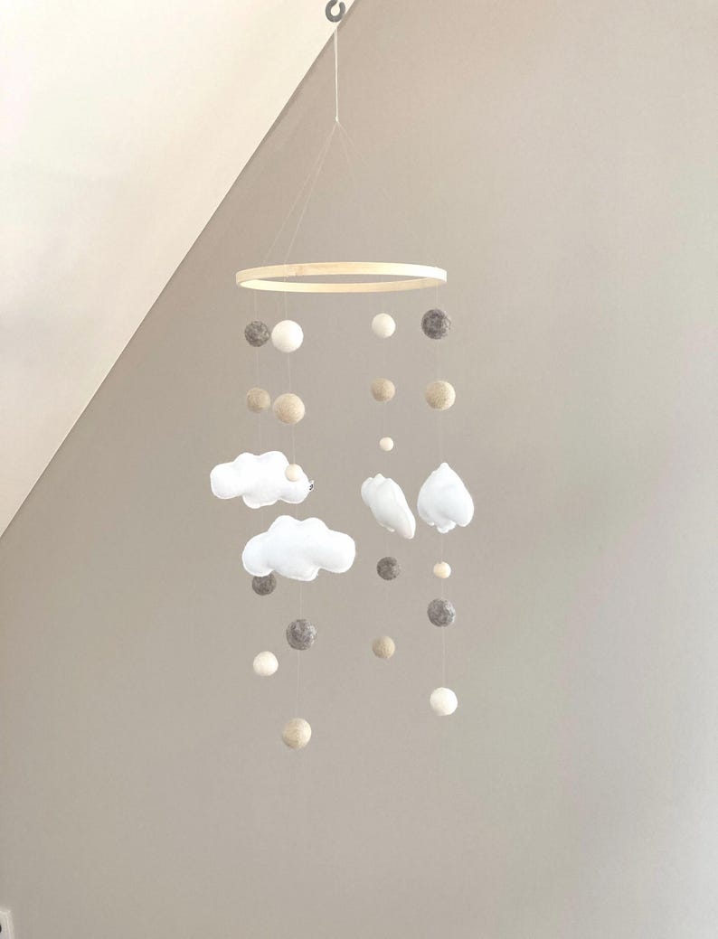 Handmade baby mobile with felt clouds in natural tones | lovely nursery decor & unique gift idea for a newborn image 1