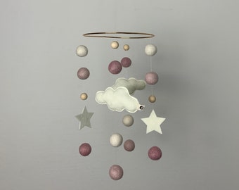 Mobile bébé feutre nuages étoiles crème rose lit bébé mobile fille bébé mobile idée cadeau naissance femme enceinte présent baptême baby shower