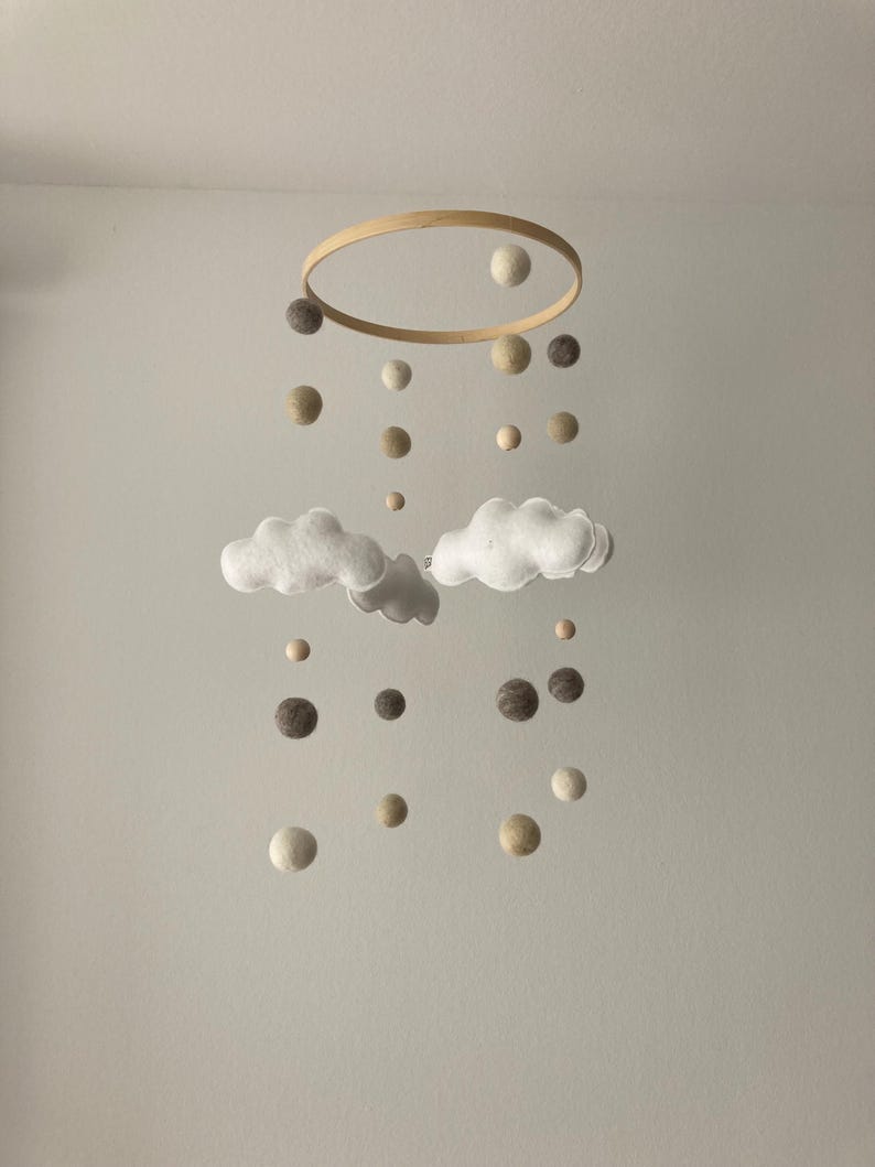 Handmade baby mobile with felt clouds in natural tones | lovely nursery decor & unique gift idea for a newborn image 8