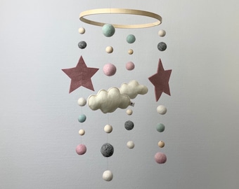 Mobile Baby Wolken Sterne mint rosa grau Babymobile Mobile Kinderzimmer Dekoration Kinderbett Geschenk Schwangere Geschenk Geburt Mädchen