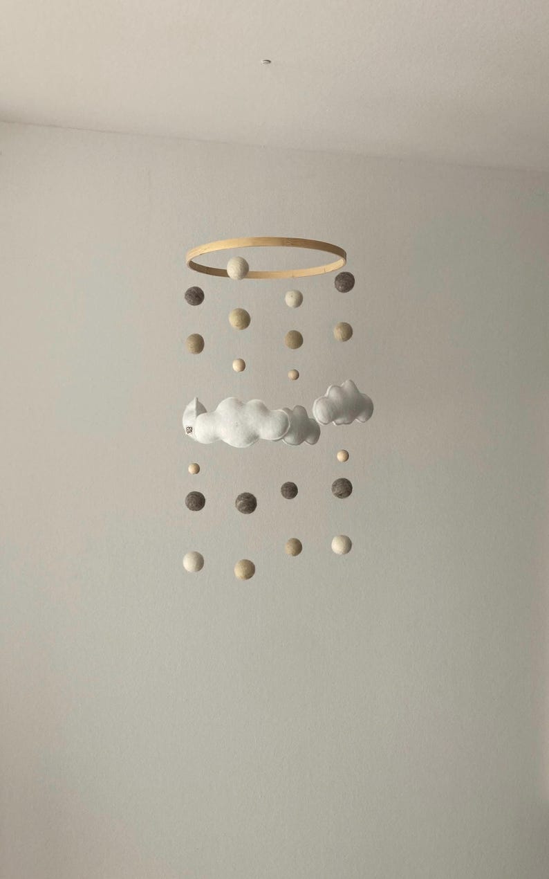 Handmade baby mobile with felt clouds in natural tones | lovely nursery decor & unique gift idea for a newborn image 7