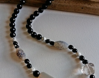 Collier Onyx, Achat, Bergkristall, Obsidian,Silber