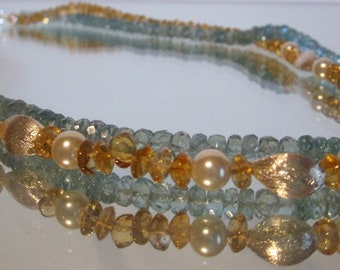 Necklace apatite, citrine, pearls, silver