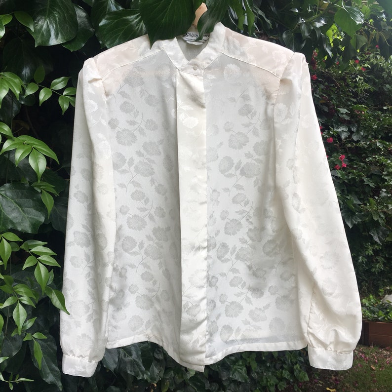 collared blouse shimmering white blouse embossed blouse long sleeve top Vintage 1980s80s semi-sheer white blouse white floral top ML