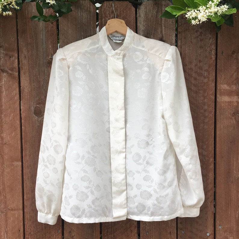 collared blouse shimmering white blouse embossed blouse long sleeve top Vintage 1980s80s semi-sheer white blouse white floral top ML