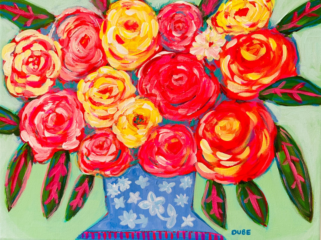 Chinoiserie Vase With Flowers ORIGINAL Painting on Canvas Etsy