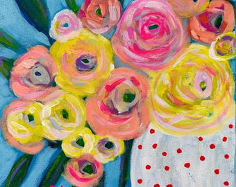 Bouquet de pivoines abstrait, peinture florale originale, vase à pois, toile 30 x 30 cm, pièce unique