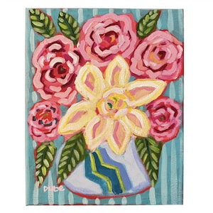 Original Painting, Colorful Abstract Floral Bouquet, Handmade, Striped Turquoise Background, Painted Sides