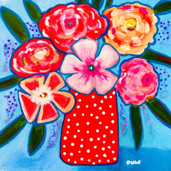 JERI DUBE Original Painting Collectible Flowers Red Polka-Dot Vase 12" x 12" Canvas Handmade in USA  One-of-a-Kind