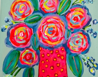 Jeri Dube Original Painting Abstract Collectible Flowers Red Polka-Dot Vase Multi-Color Roses 8" x 8" Wood Panel One-of-a-Kind