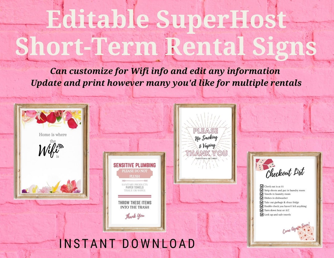Printable Set of 4 Short-term Rental Editable Signs for Airbnb, VRBO ...