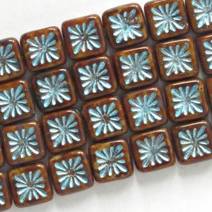 10 or 30 pcs Star Square Beads Picasso Brown Blue, 10mm Czech Glass for Jewelry Making